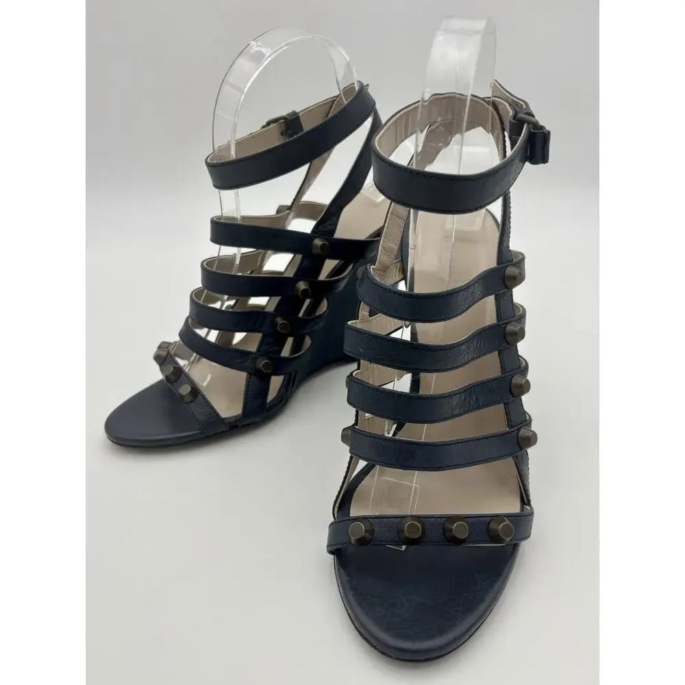 Balenciaga Wedge Sandals Navy Blue Leather Studded Size 39 / 9 Ankle Strap